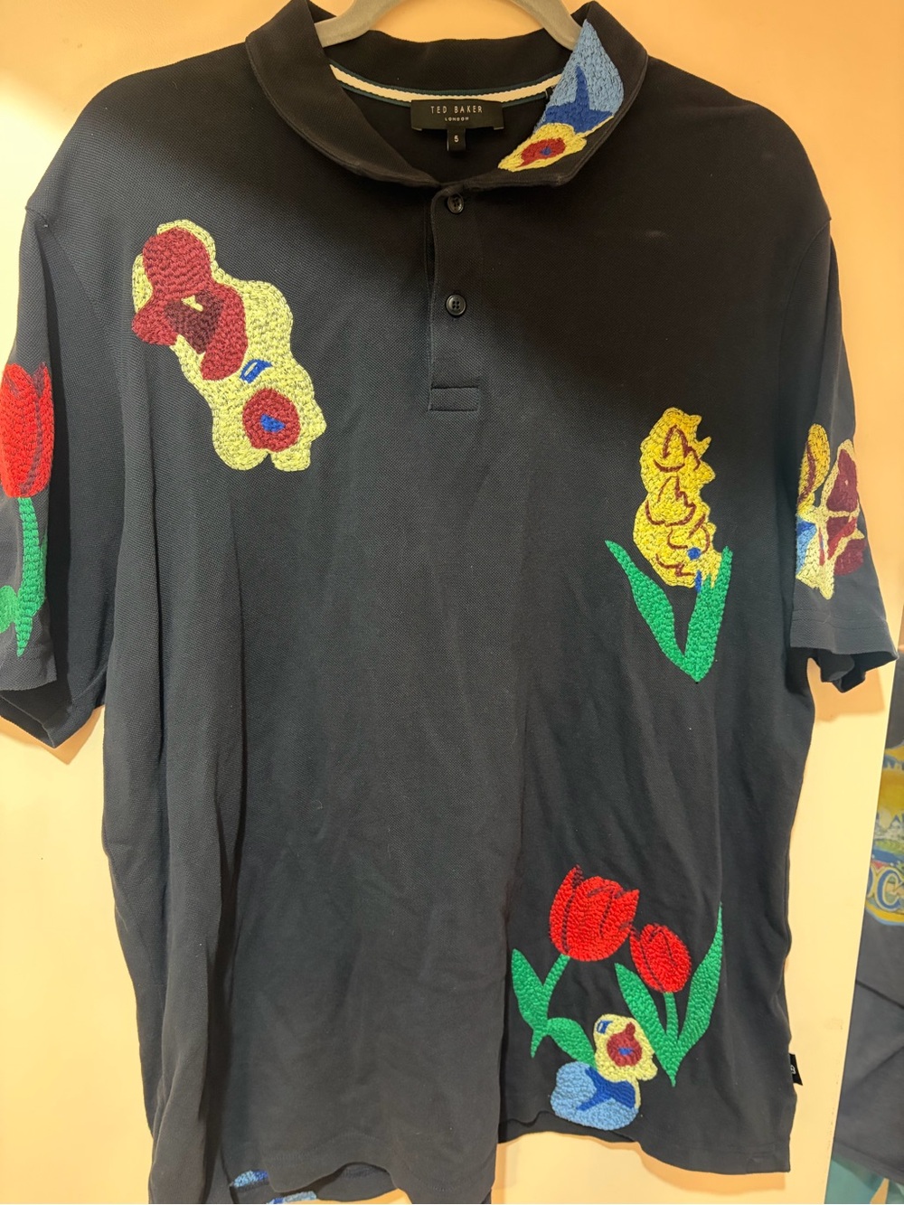 Ted Baker Black Polo with Multicolor Floral Embroidery